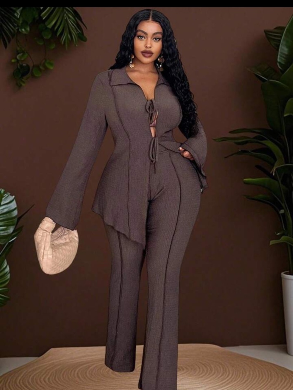 Women's Brown Textured Two-Piece Set